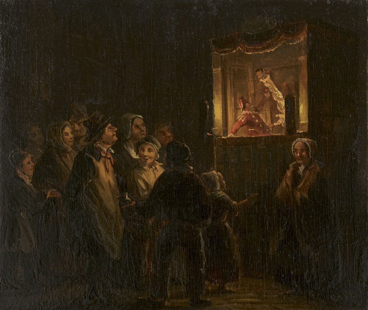 Vos C.A.  | Christoffel Albertus Vos, Bij de poppenkast, olieverf op paneel 11,8 x 14,2 cm, gesigneerd rechtsonder
