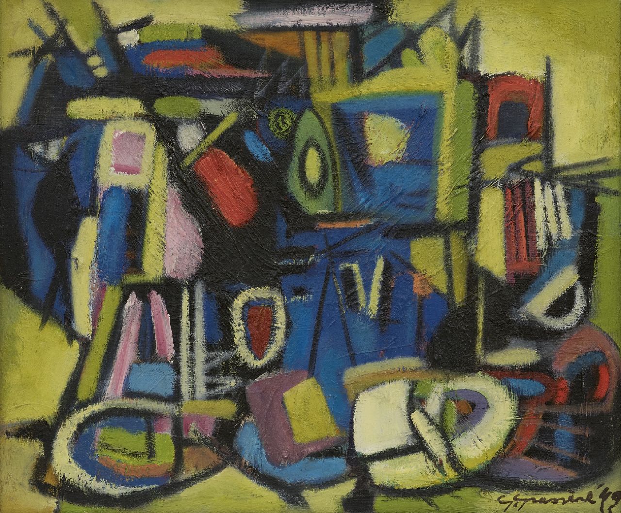 Grassère G.  | Gérard Grassère, Mechanische compositie, olieverf op doek 50,2 x 60,3 cm, gesigneerd rechtsonder en gedateerd '49