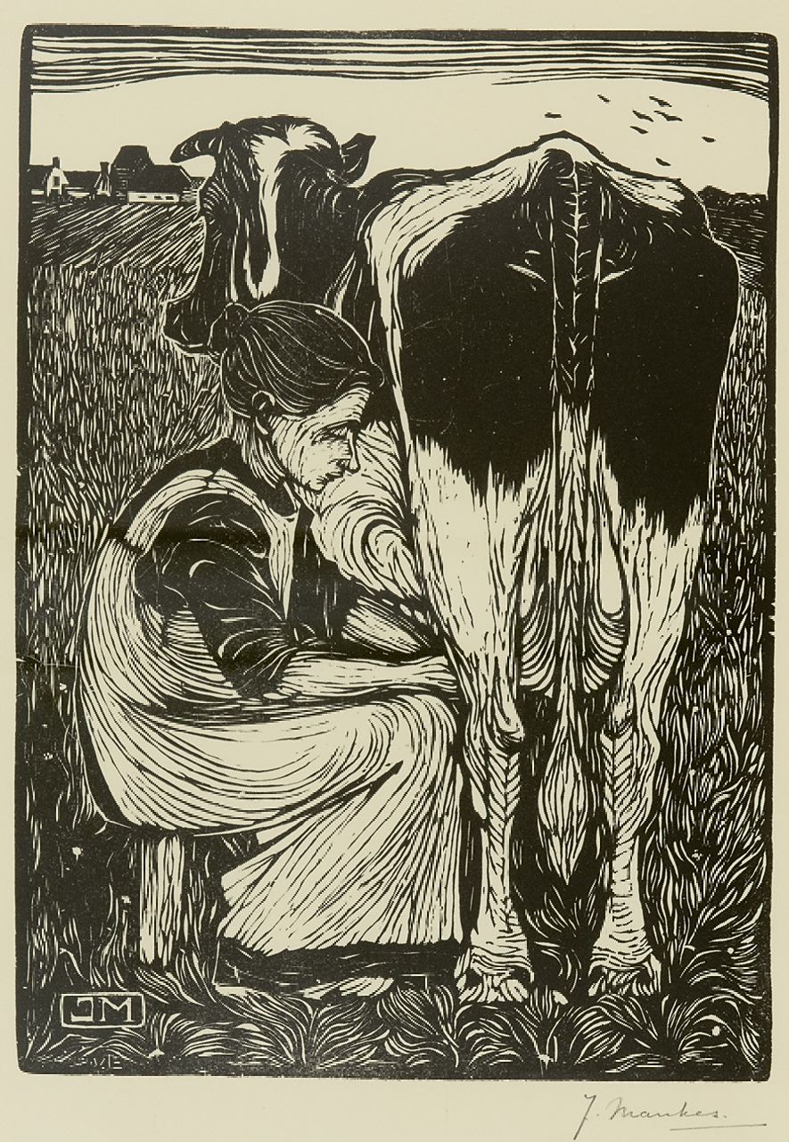 Mankes J.  | Jan Mankes, Koemelkende boerin, houtsnede op papier 22,0 x 16,0 cm, gesigneerd rechtsonder (in potlood) en te dateren 1914