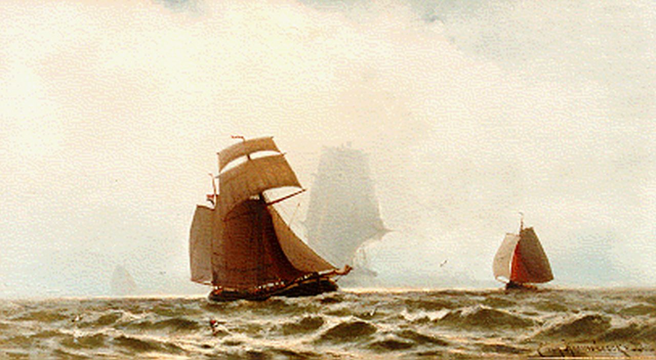 Heemskerck van Beest J.E. van | Jacob Eduard van Heemskerck van Beest, Platbodems op volle zee, olieverf op paneel 41,5 x 74,8 cm, gesigneerd rechtsonder