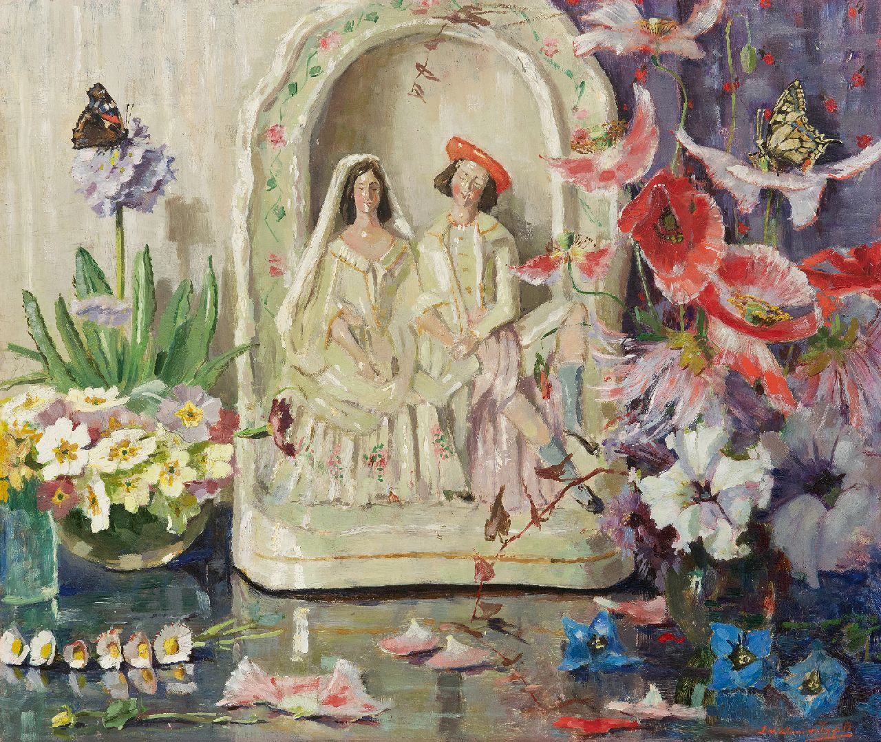Lucie van Dam van Isselt | Stilleven met bloemen, vlinders en porseleinen huwelijksbeeldje, olieverf op paneel, 45,2 x 53,2 cm, gesigneerd r.o.