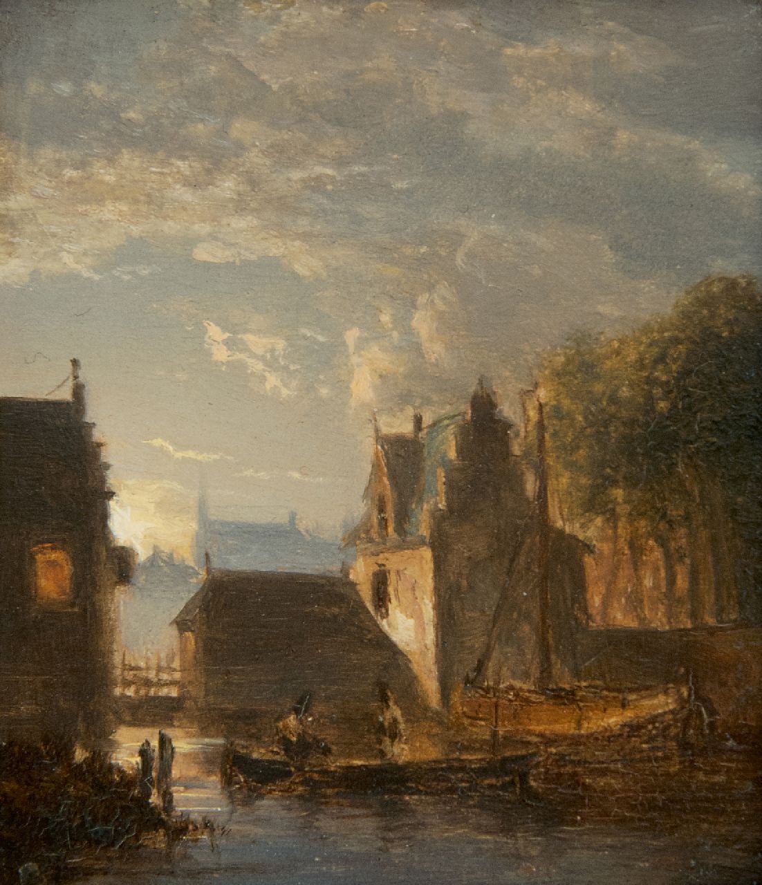 Abels J.Th.  | 'Jacobus' Theodorus Abels, Stadsgrachtje bij maanlicht, olieverf op paneel 7,8 x 7,0 cm