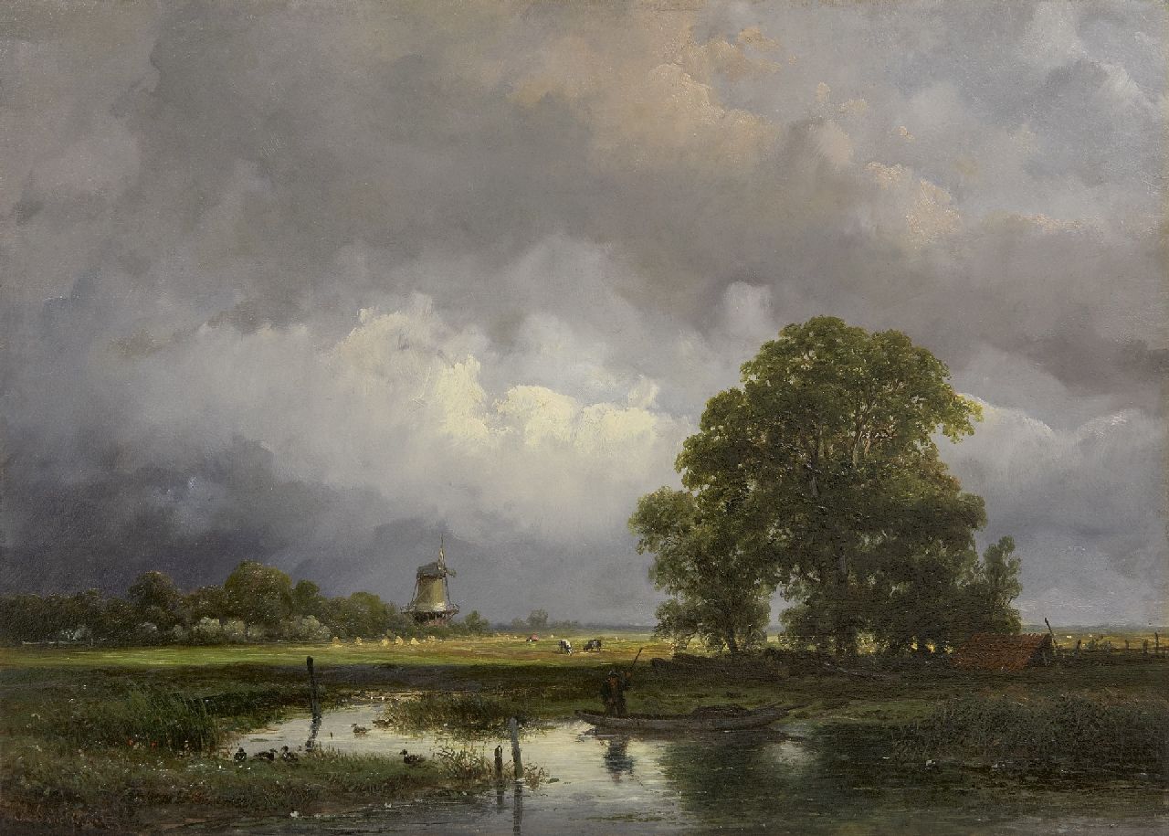 Schelfhout A.  | Andreas Schelfhout, Weids zomerlandschap met molen, olieverf op paneel 27,2 x 38,2 cm, gesigneerd linksonder en gedateerd 1857