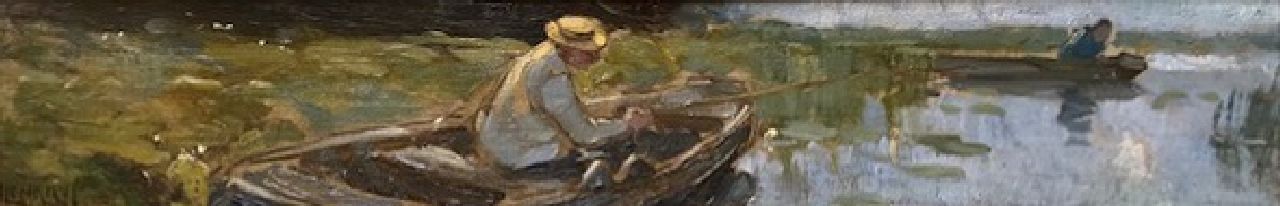 Jansen H.W.  | Hendrik Willebrord Jansen | Schilderijen te koop aangeboden | Visser in bootje langs de kant i.o., olieverf op board 9,0 x 54,0 cm, gesigneerd linksonder