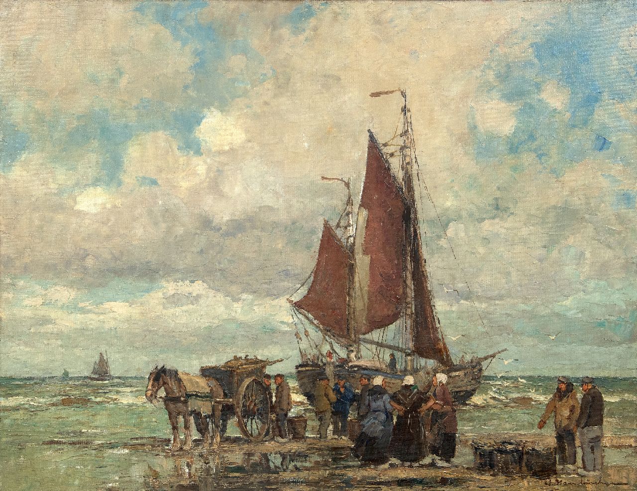 Hambüchen W.  | Wilhelm Hambüchen | Schilderijen te koop aangeboden | Bomschuit en vissers op het strand van Katwijk, olieverf op doek 60,2 x 80,4 cm, gesigneerd rechtsonder