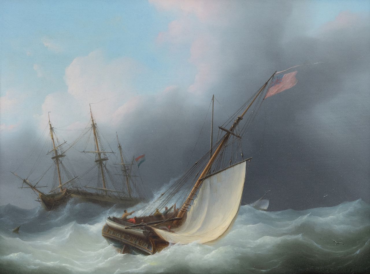 Schouman M.  | Martinus Schouman, Schepen op woelige zee (pendant van 20317), olieverf op paneel 29,5 x 39,7 cm, gesigneerd rechtsonder