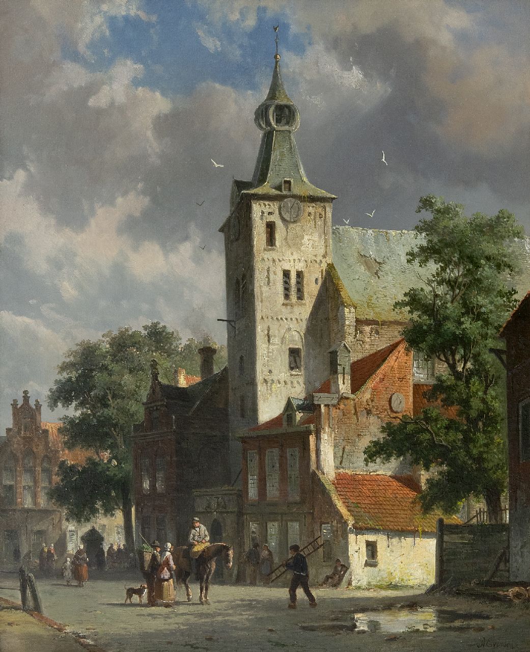 Eversen A.  | Adrianus Eversen, Gezicht op de Andreaskerk in Hattem, olieverf op doek 47,8 x 38,7 cm, gesigneerd rechtsonder en verso op etiket