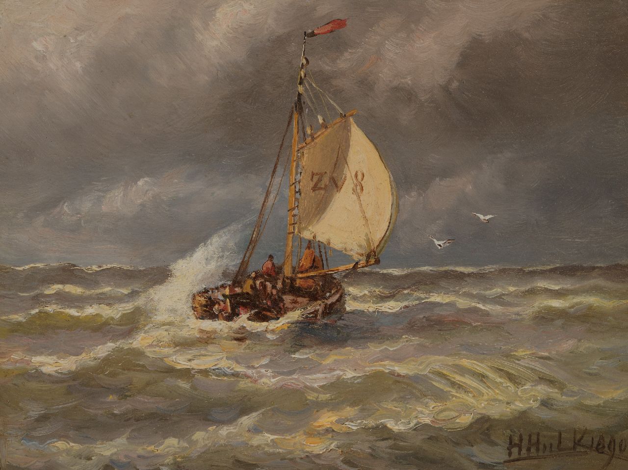 Hulk H.  | Hendrik Hulk, Zeilschip op woelige zee, olieverf op paneel 16,3 x 21,3 cm, gesigneerd rechtsonder en gedateerd 1890, niet ingelijst