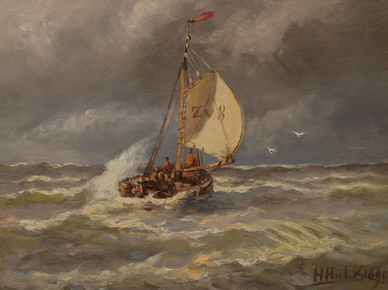 Hulk H. | Hendrik Hulk, Zeilschip op woelige zee, olieverf op paneel 16,3 x 21,3 cm, gesigneerd rechtsonder en gedateerd 1890 Hulk H. | Hendrik Hulk, Zeilschip op woelige zee, olieverf op paneel 16,3 x 21,3 cm, gesigneerd rechtsonder en gedateerd 1890