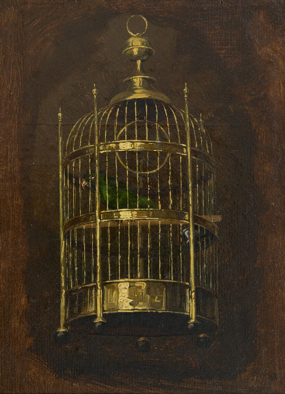 Savrij H.  | Hendrik Savrij | Schilderijen te koop aangeboden | De papagaaijenkooi, olieverf op doek op paneel 22,1 x 16,1 cm, gesigneerd rechtsonder