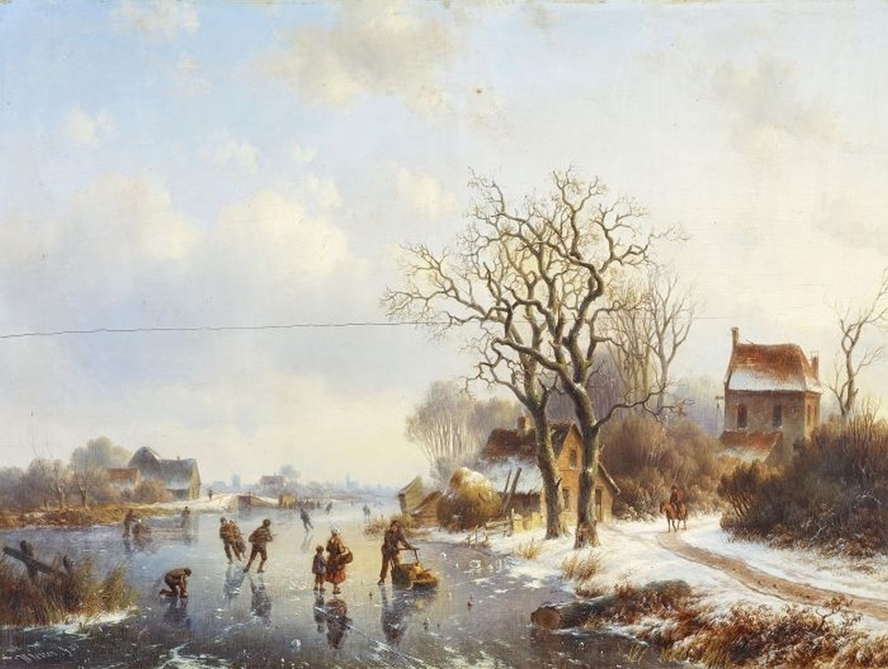 Vester W.  | Willem Vester | Schilderijen te koop aangeboden | IJspret op een bevroren vaart, olieverf op paneel 53,5 x 71,9 cm, gesigneerd linksonder en gedateerd '53
