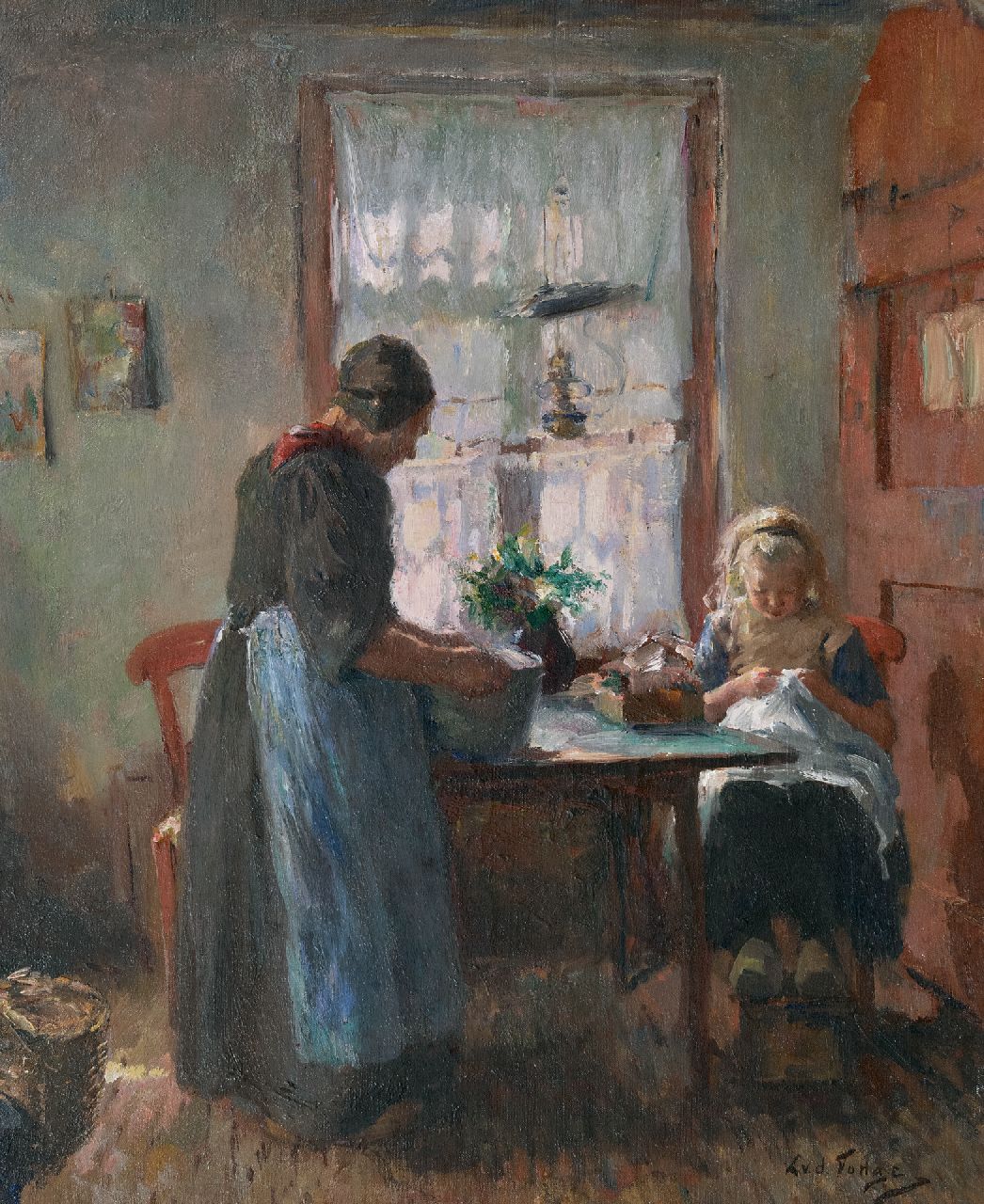 Lammert van der Tonge | Larens interieur met vrouw en handwerkend meisje, olieverf op doek, 54,3 x 45,2 cm, gesigneerd r.o.