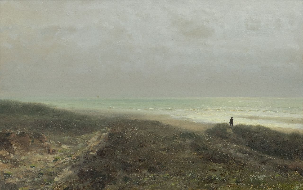 Destrée J.J.  | Johannes Josephus Destrée, Duinlandschap met wandelaar uitkijkend over zee, olieverf op paneel 27,6 x 43,8 cm, gesigneerd rechtsonder en gedateerd 1879