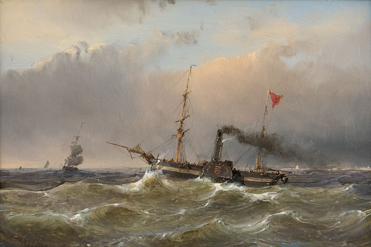 Schelfhout A.  | Andreas Schelfhout, Zeilschepen en raderstoomboot op zee, olieverf op paneel 10,3 x 15,3 cm, gesigneerd linksonder en gedateerd '50