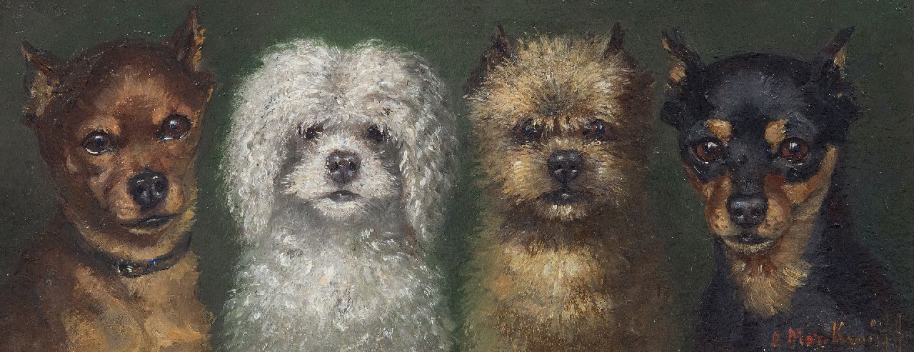 Kruijff A.M.  | Anna Maria Kruijff, Vier kleine honden, olieverf op paneel 14,6 x 36,0 cm, gesigneerd rechtsonder