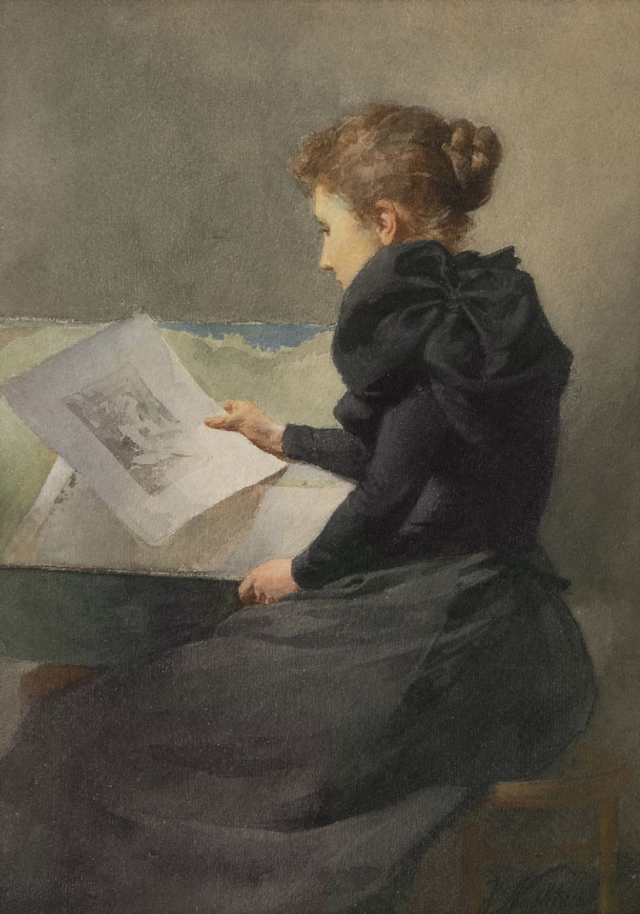 Frederik Nachtweh | Het beoordelen van de tekening (mogelijk echtgenote van de schilder), aquarel op papier, 35,3 x 25,0 cm, gesigneerd r.o.