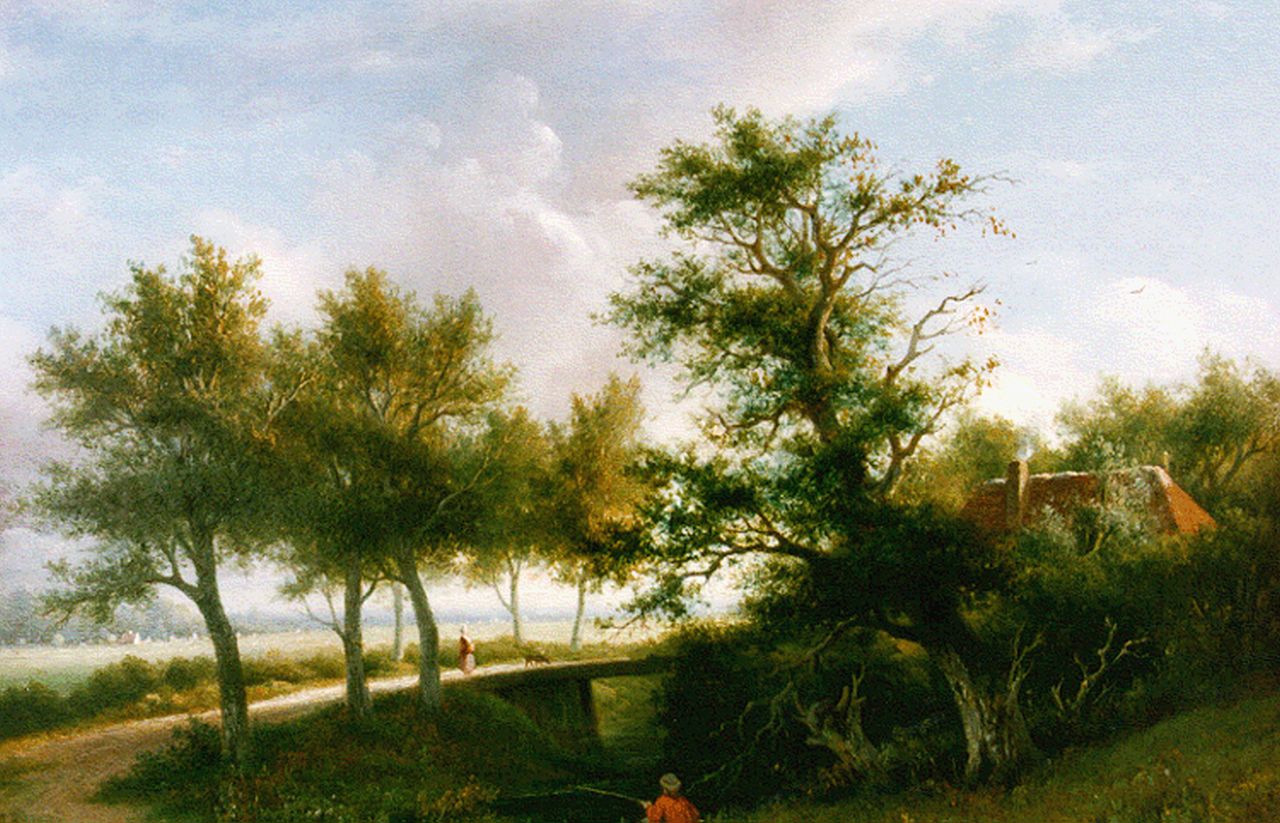 Walter W.J.  | Wilhelmus Joannes Walter, Hengelaar bij een slootje in boerenlandschap, olieverf op paneel 27,3 x 38,5 cm, gesigneerd linksonder en gedateerd 1852