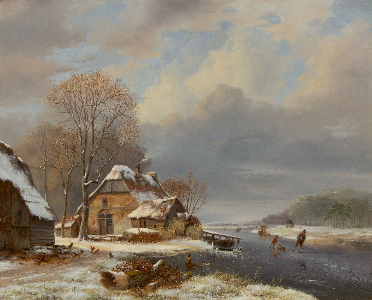Roosenboom N.J.  | Nicolaas Johannes Roosenboom, Winters riviergezicht met schaatsers bij een boerderij, olieverf op doek 71,2 x 87,7 cm, gesigneerd linksonder