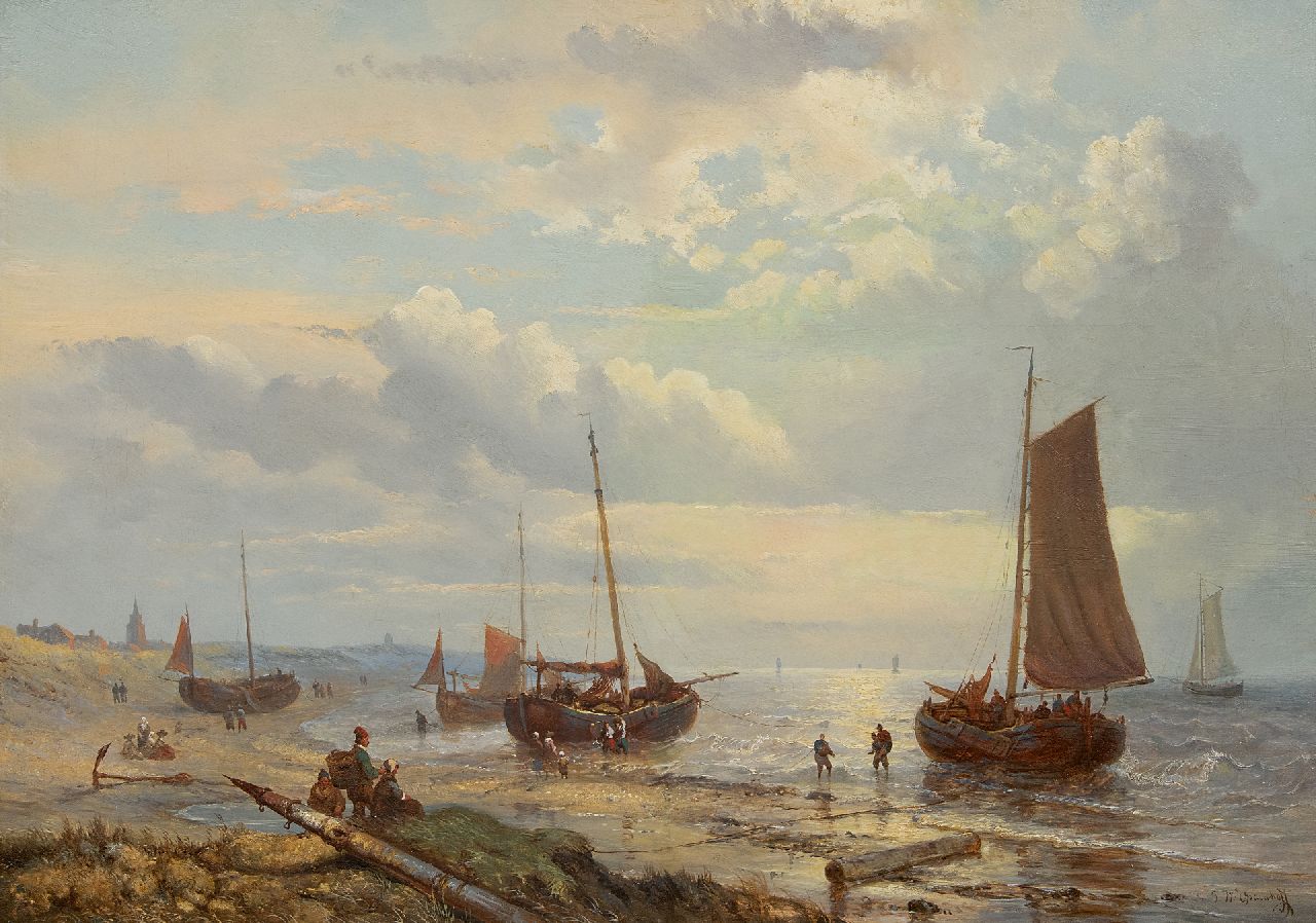Opdenhoff G.W.  | Witzel 'George Willem' Opdenhoff, Visserspinken en vissersvolk op het strand van Scheveningen, olieverf op doek 47,5 x 66,8 cm, gesigneerd rechtsonder