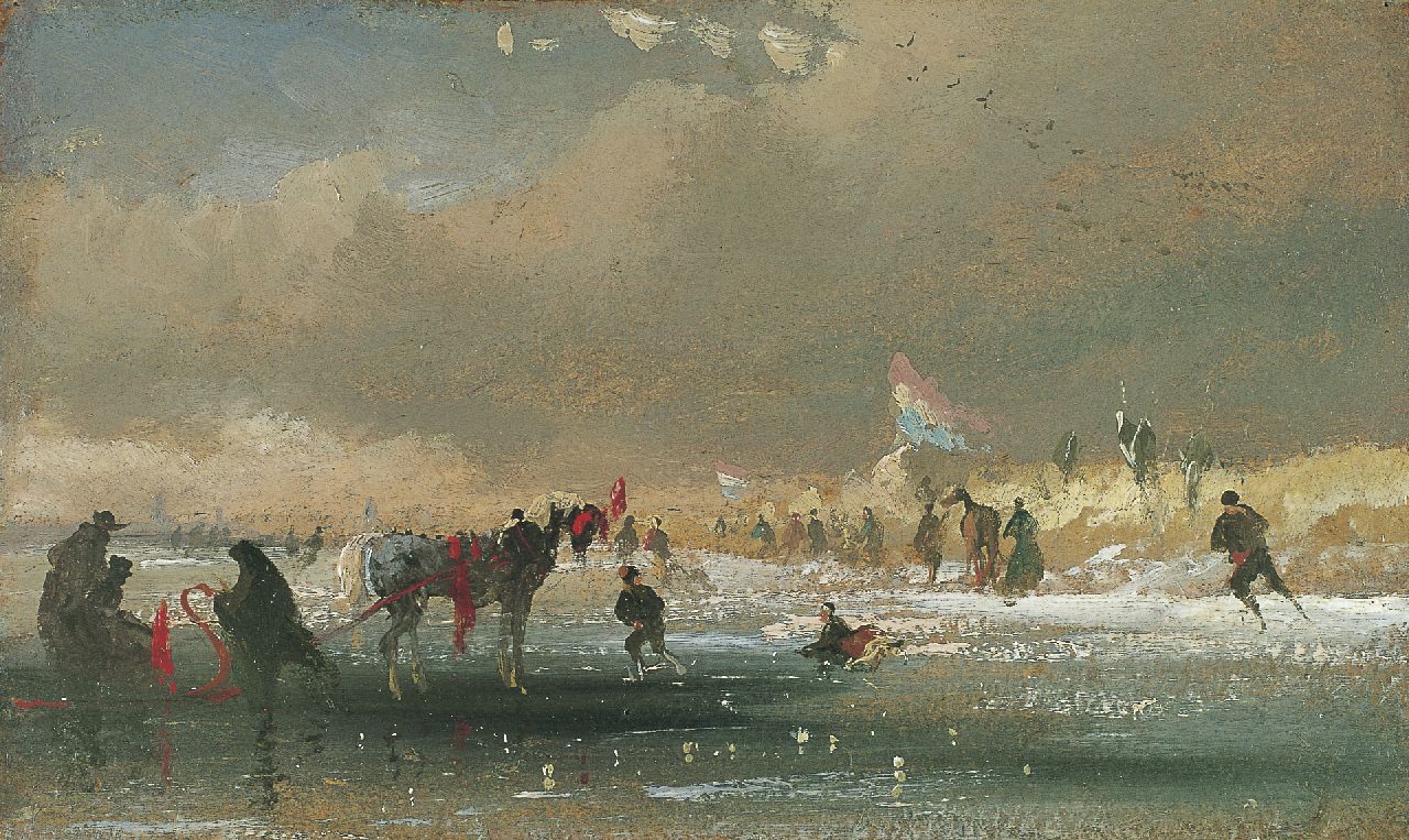 Tavenraat J.  | Johannes Tavenraat, Arrenslee en schaatsers op het ijs, olieverf op paneel 17,0 x 28,0 cm