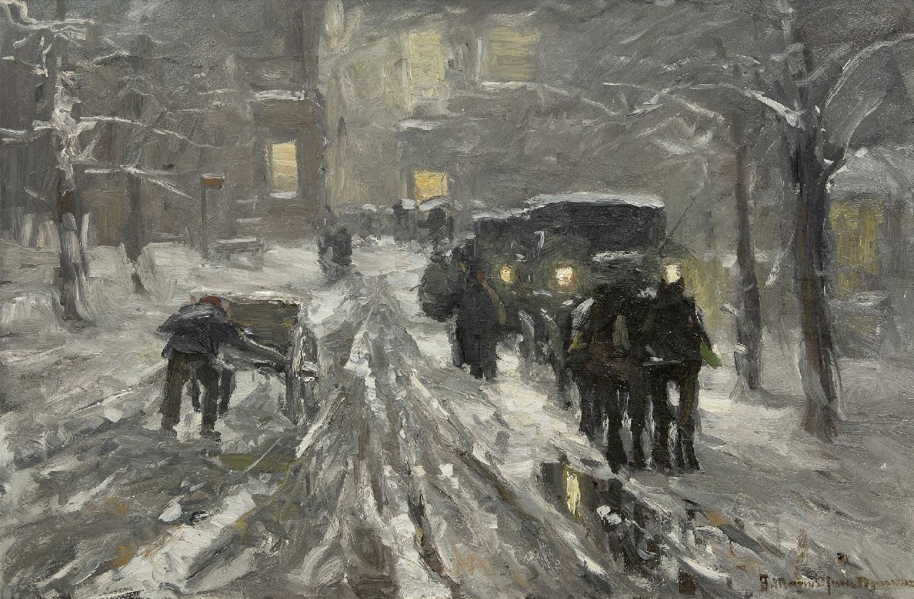 Munthe G.A.L.  | Gerhard Arij Ludwig 'Morgenstjerne' Munthe, Stadsgezicht met koetsen en paarden in de sneeuw, bij avond, olieverf op doek 66,3 x 100,7 cm, gesigneerd rechtsonder