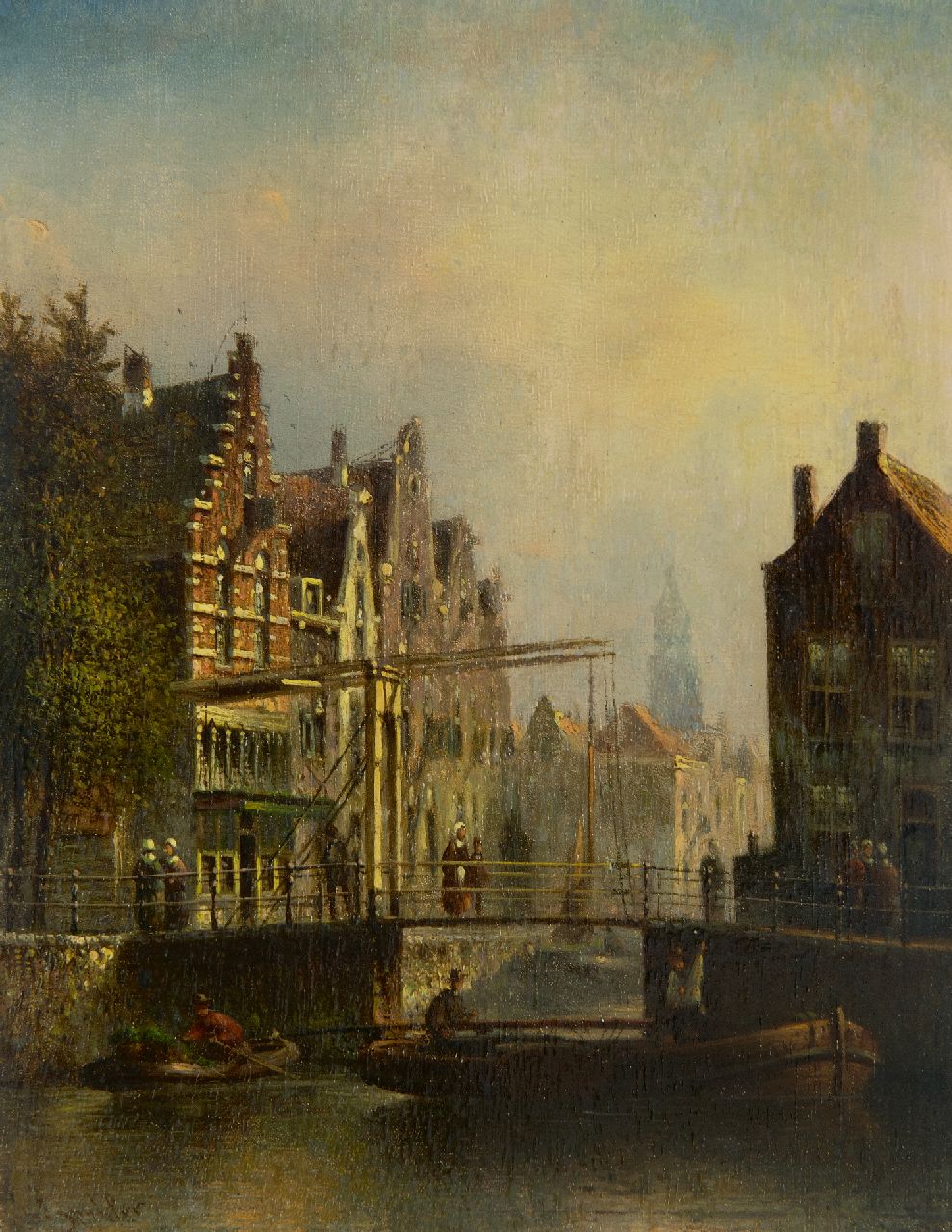 Spohler J.F.  | Johannes Franciscus Spohler | Schilderijen te koop aangeboden | Hollands stadsgezicht met ophaalbrug, olieverf op paneel 20,4 x 16,0 cm, gesigneerd linksonder (vaag)