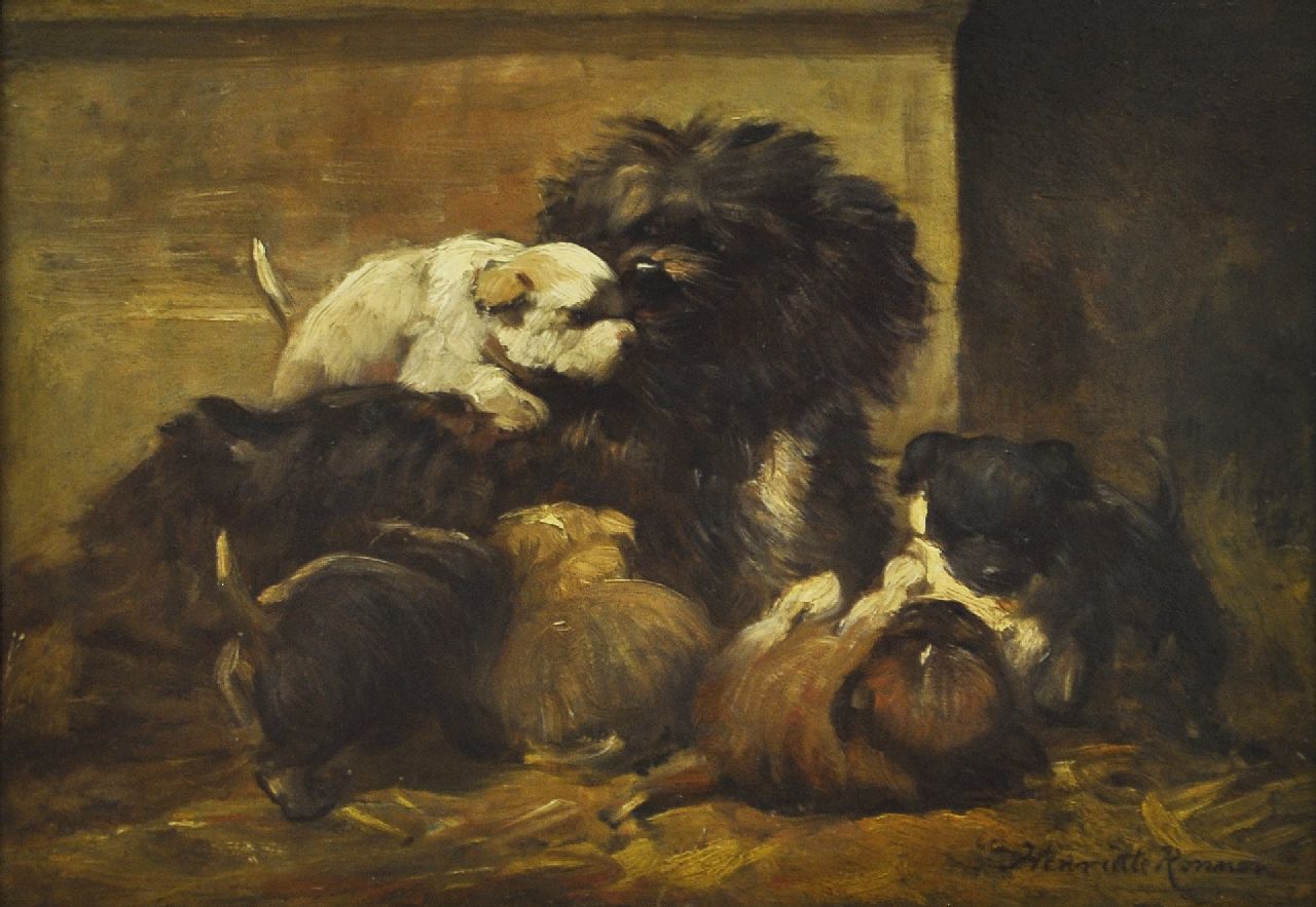 Ronner-Knip H.  | Henriette Ronner-Knip, Honden, olieverf op paneel 28,0 x 39,5 cm, gesigneerd rechtsonder