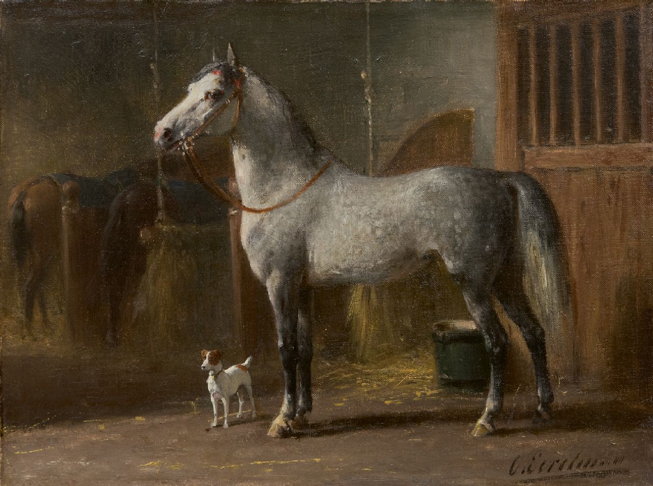 Eerelman O.  | Otto Eerelman, Een schimmel op stal, olieverf op doek 25,2 x 31,2 cm, gesigneerd rechtsonder