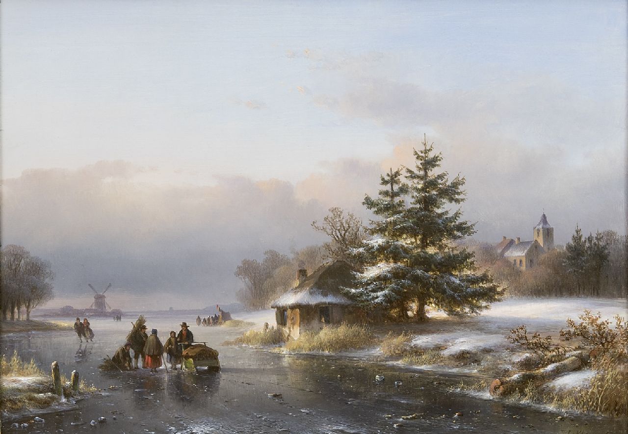 Kleijn L.J.  | Lodewijk Johannes Kleijn, Winterlandschap met schaatsers en landvolk op het ijs, olieverf op paneel 29,6 x 40,5 cm, gesigneerd rechtsonder