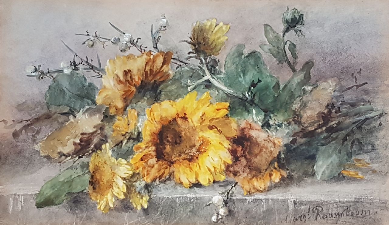 Roosenboom M.C.J.W.H. | 'Margaretha' Cornelia Johanna Wilhelmina Henriëtta Roosenboom, Zonnebloemen op een stenen plint, aquarel op papier 44,3 x 74,8 cm, gesigneerd rechtsonder Roosenboom M.C.J.W.H. | 'Margaretha' Cornelia Johanna Wilhelmina Henriëtta Roosenboom, Zonnebloemen op een stenen plint, aquarel op papier 44,3 x 74,8 cm, gesigneerd rechtsonder