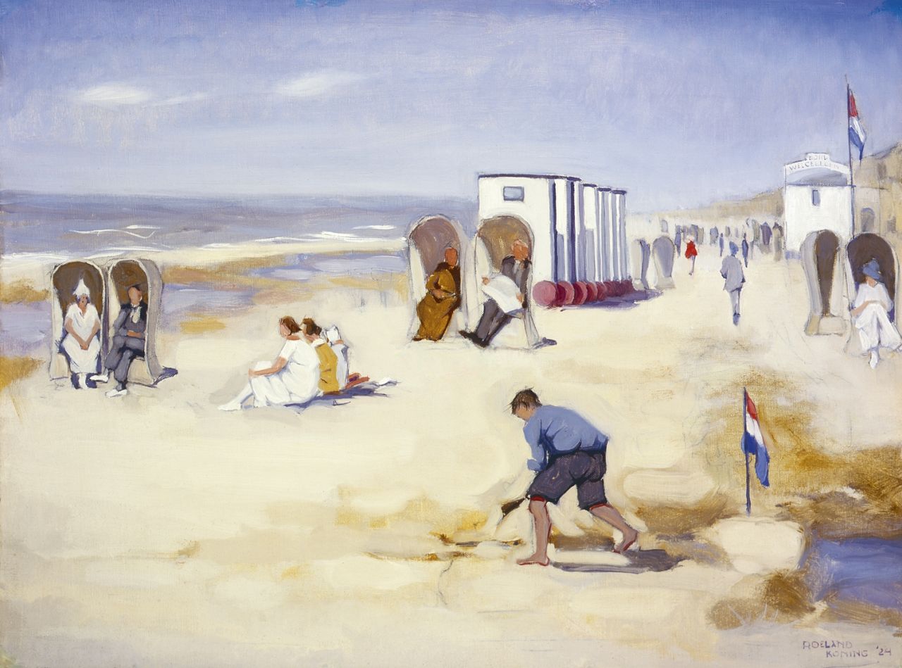 Koning R.  | Roeland Koning, Aan het strand, olieverf op doek 48,3 x 64,0 cm, gesigneerd rechtsonder en gedateerd '24