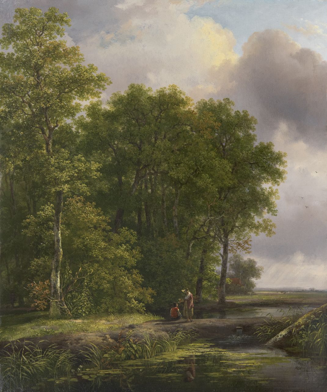 Schelfhout A.  | Andreas Schelfhout | Schilderijen te koop aangeboden | Paartje in gesprek aan de bosrand, olieverf op paneel 40,8 x 34,2 cm, gesigneerd linksonder met initialen