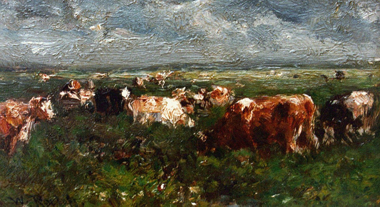 Roelofs W.  | Willem Roelofs, Landschap met koeien, olieverf op paneel 7,5 x 12,4 cm, gesigneerd linksonder