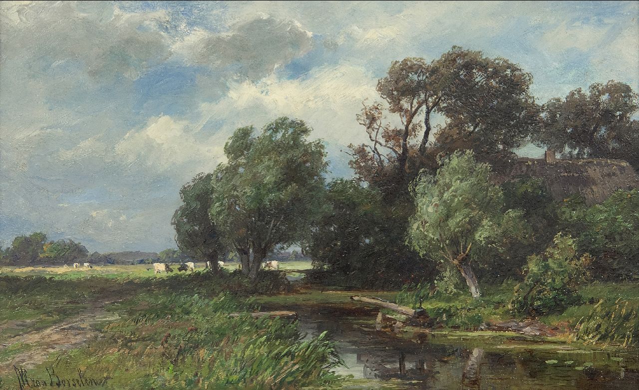Borselen J.W. van | Jan Willem van Borselen, Polderlandschap met grazend vee, olieverf op paneel 18,0 x 29,0 cm, gesigneerd linksonder