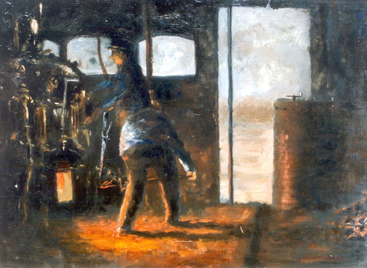 Heijenbrock J.C.H.  | Johan Coenraad Hermann 'Herman' Heijenbrock, Machinisten op stookplaats van een locomotief, olieverf op paneel 29,0 x 39,5 cm, gesigneerd rechtsonder