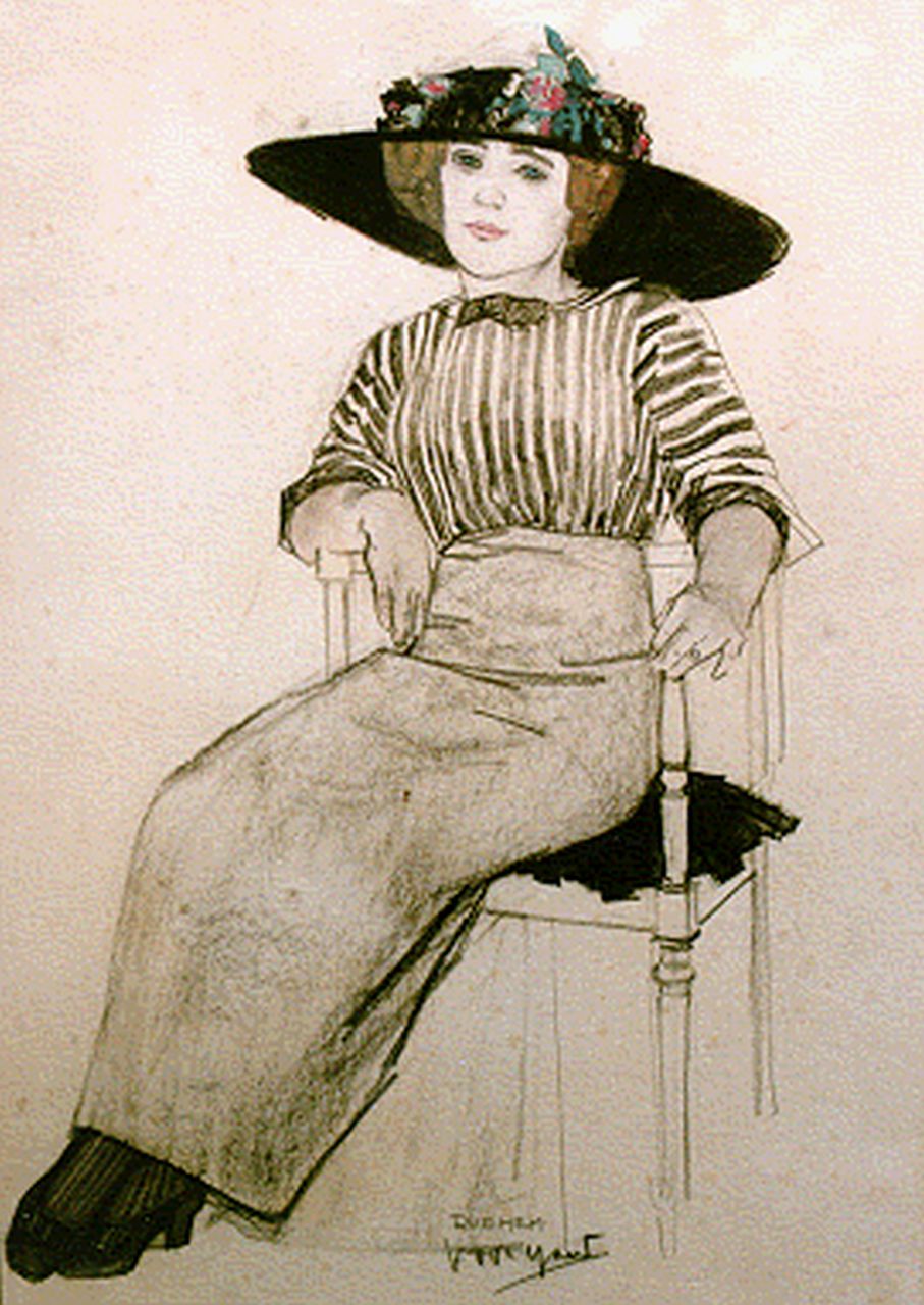 Hem P. van der | Pieter 'Piet' van der Hem, Dame met hoed in stoel, potlood en aquarel op papier 47,5 x 32,5 cm, gesigneerd middenonder