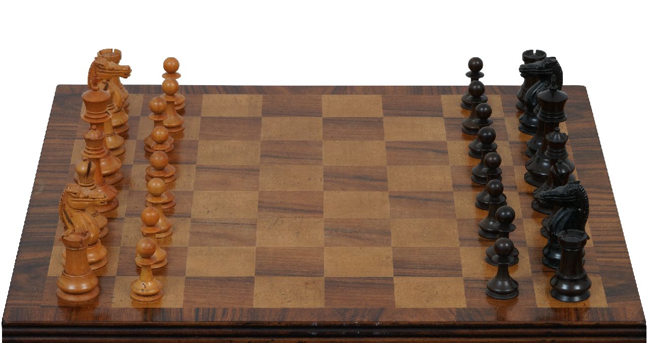 Schaakset, opbergdoos   | Schaakset, opbergdoos | Beelden en objecten te koop aangeboden | Schaakset in 'Staunton' stijl, Engeland, palm- en ebbenhout 8,7 x 4,5 cm, laat 19e eeuw