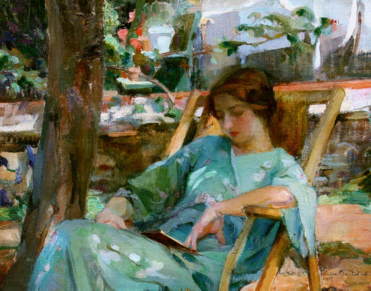Bertrand C.  | Claire Bertrand, Lezende vrouw in strandstoel in de tuin, olieverf op doek 54,2 x 65,0 cm, gesigneerd rechtsonder en gedateerd 1912