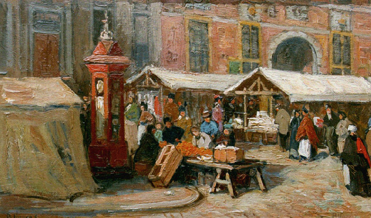 Viegers B.P.  | Bernardus Petrus 'Ben' Viegers, Markt bij de Boterwaag te Den Haag, olieverf op doek 22,6 x 37,0 cm, gesigneerd rechtsonder