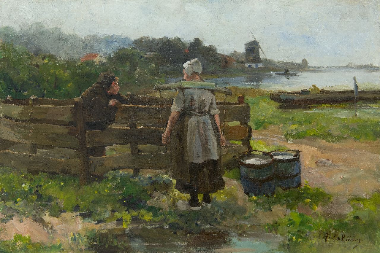 Rivière A.P. de la | Adrianus Philippus 'Adriaan' de la Rivière, Op vrijersvoeten, olieverf op doek 39,9 x 59,9 cm, gesigneerd rechtsonder Rivière A.P. de la | Adrianus Philippus 'Adriaan' de la Rivière, Op vrijersvoeten, olieverf op doek 39,9 x 59,9 cm, gesigneerd rechtsonder