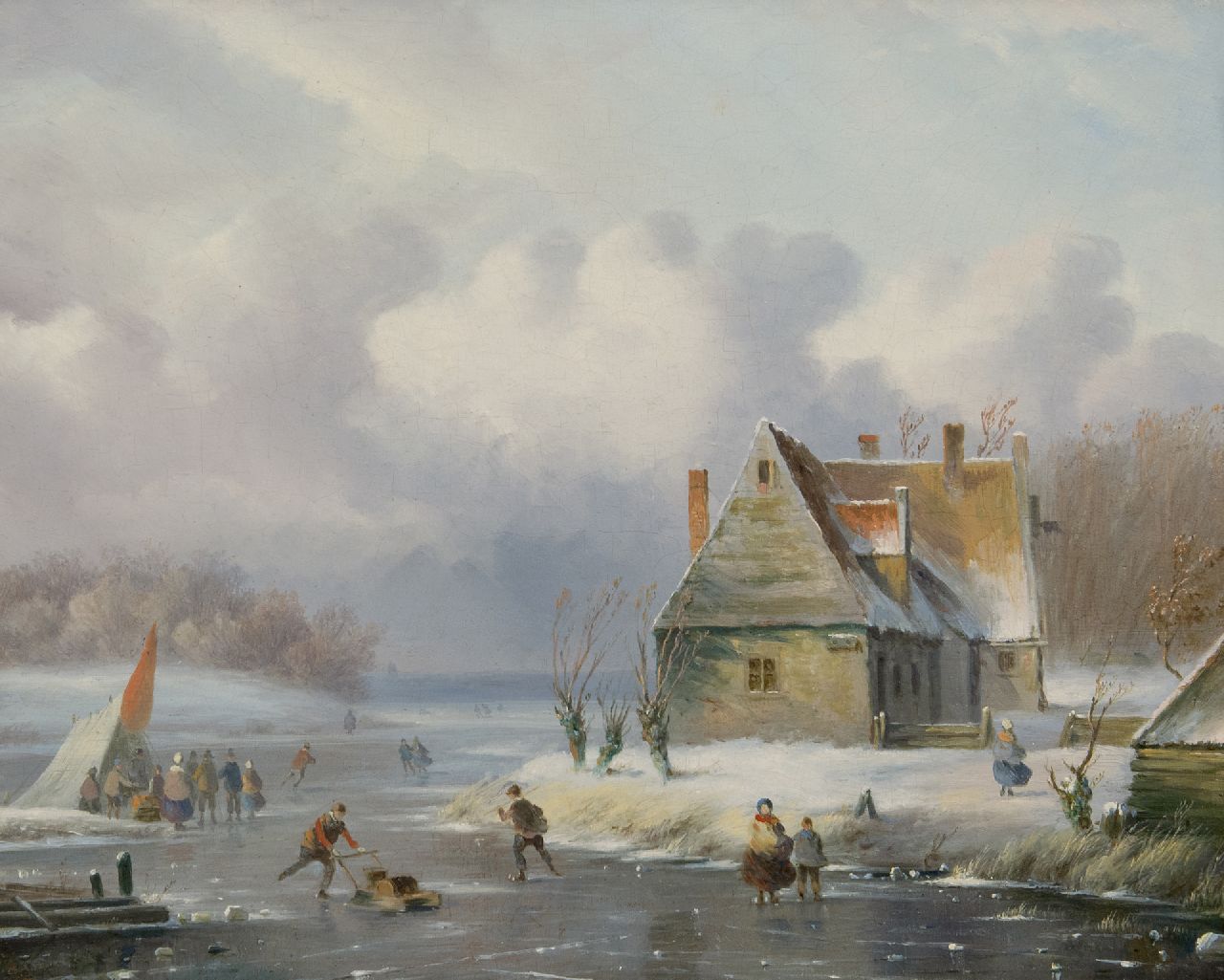 Carl Eduard Ahrendts | Winterlandschap met schaatsers op het ijs, olieverf op paneel, 28,7 x 35,1 cm, gesigneerd l.o.
