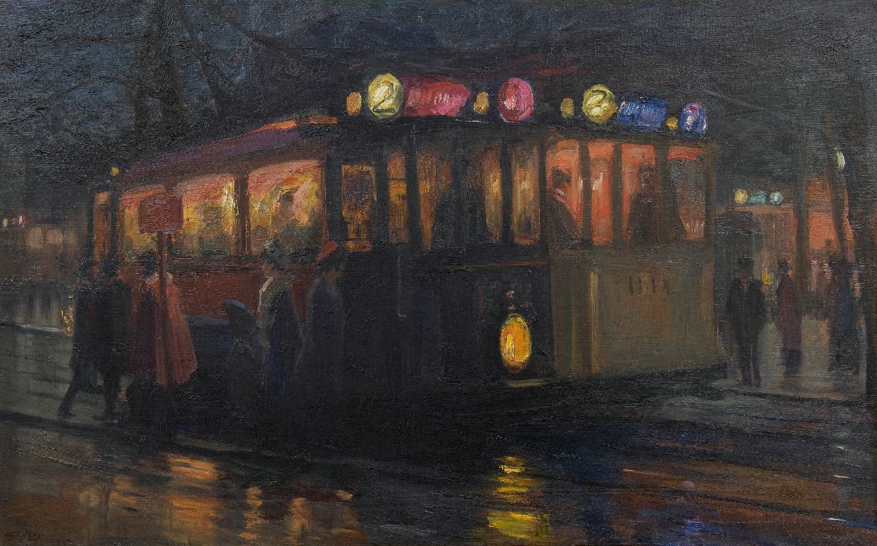Richters M.J. | 'Marius' Johannes Richters, Trams bij het Beursplein, Rotterdam, olieverf op doek 70,0 x 110,2 cm, gesigneerd linksonder en te dateren ca. 1913 Richters M.J. | 'Marius' Johannes Richters, Trams bij het Beursplein, Rotterdam, olieverf op doek 70,0 x 110,2 cm, gesigneerd linksonder en te dateren ca. 1913