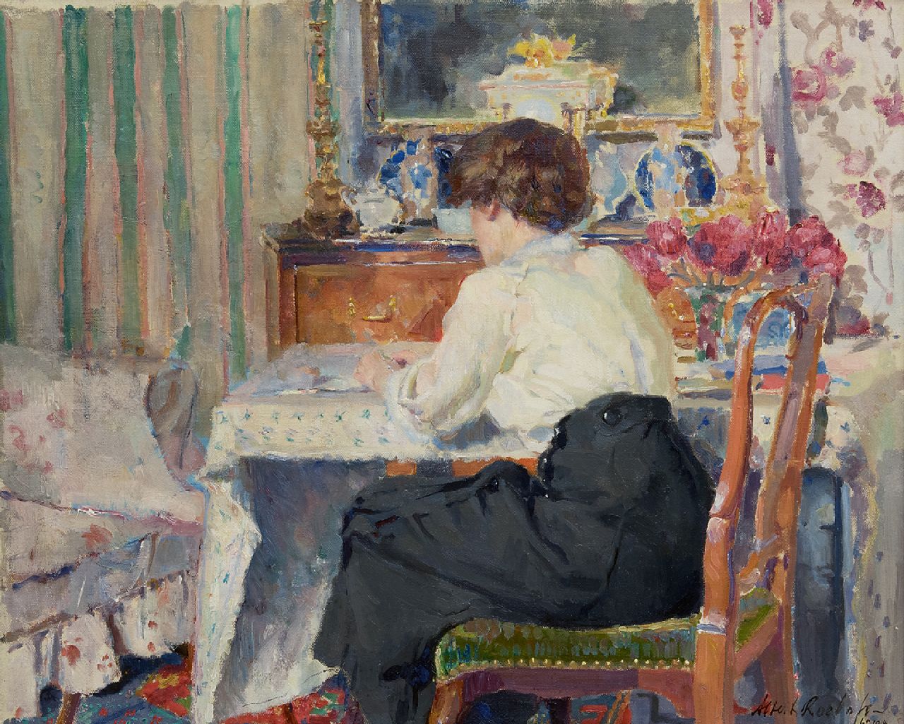 Albert Roelofs | Tjieke, zittend aan een tafel, olieverf op doek, 48,3 x 60,3 cm, gesigneerd r.o. en gedateerd 1914