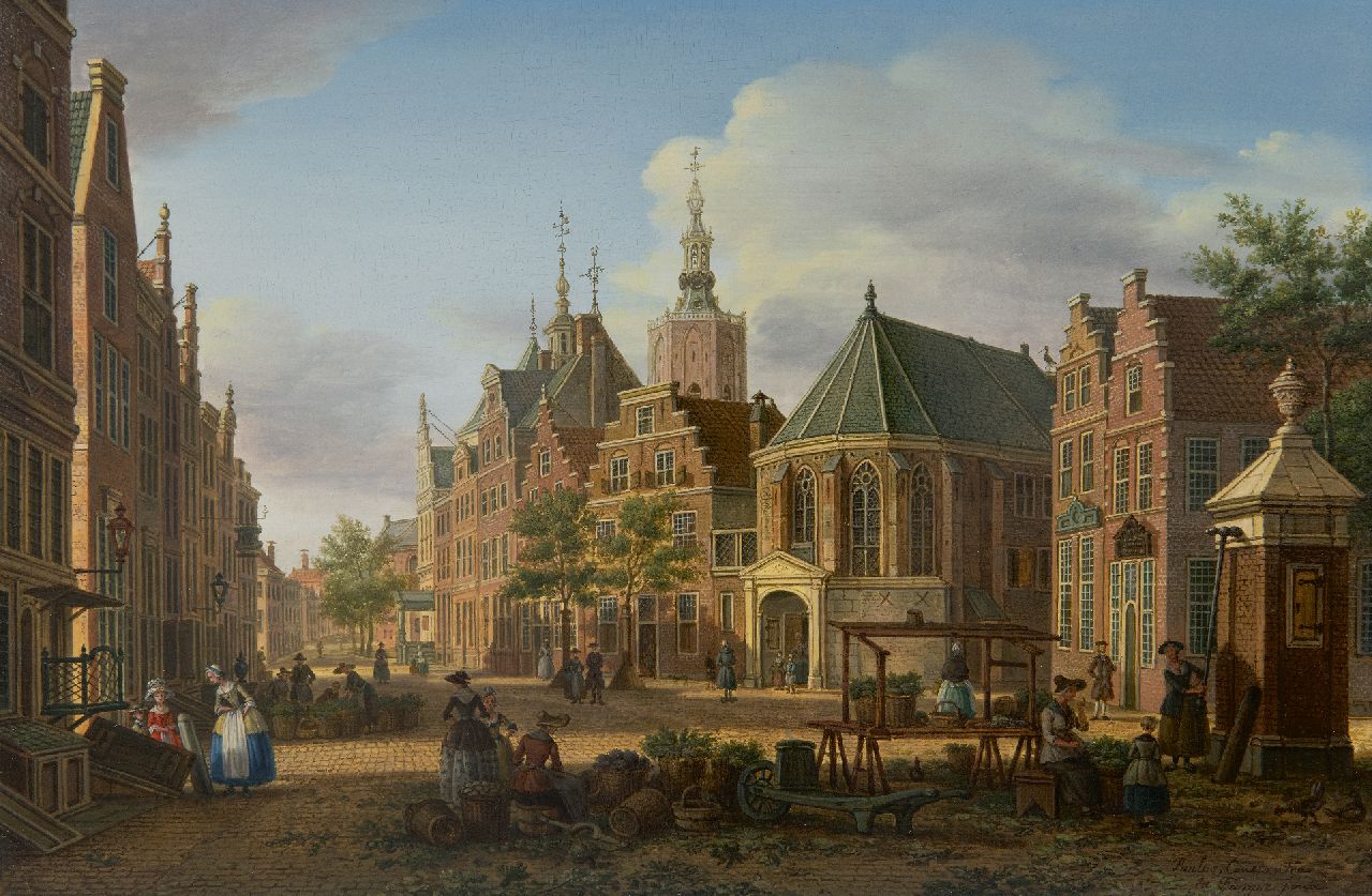 Fargue P.C. la | Paulus Constantijn la Fargue, Gezicht op de Haagse Groenmarkt, olieverf op paneel 22,7 x 34,5 cm, gesigneerd rechtsonder en te dateren ca. 1770