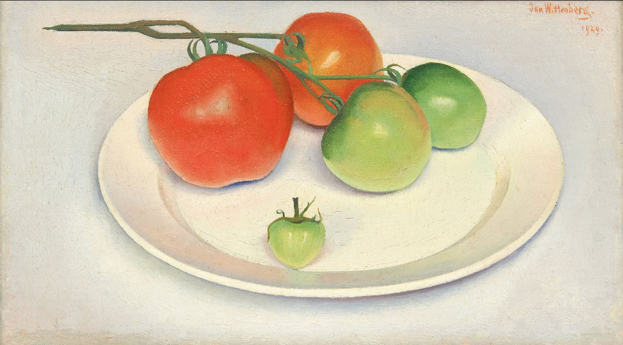 Wittenberg J.H.W.  | 'Jan' Hendrik Willem Wittenberg, Tomaten op bord, olieverf op doek op paneel 15,3 x 26,7 cm, gesigneerd rechtsboven en gedateerd 1929