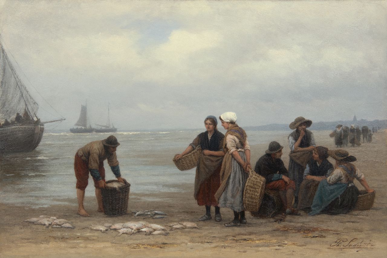 Sadée P.L.J.F.  | Philip Lodewijk Jacob Frederik Sadée, Visafslag op het strand van Scheveningen, olieverf op doek 49,9 x 75,0 cm, gesigneerd rechtsonder