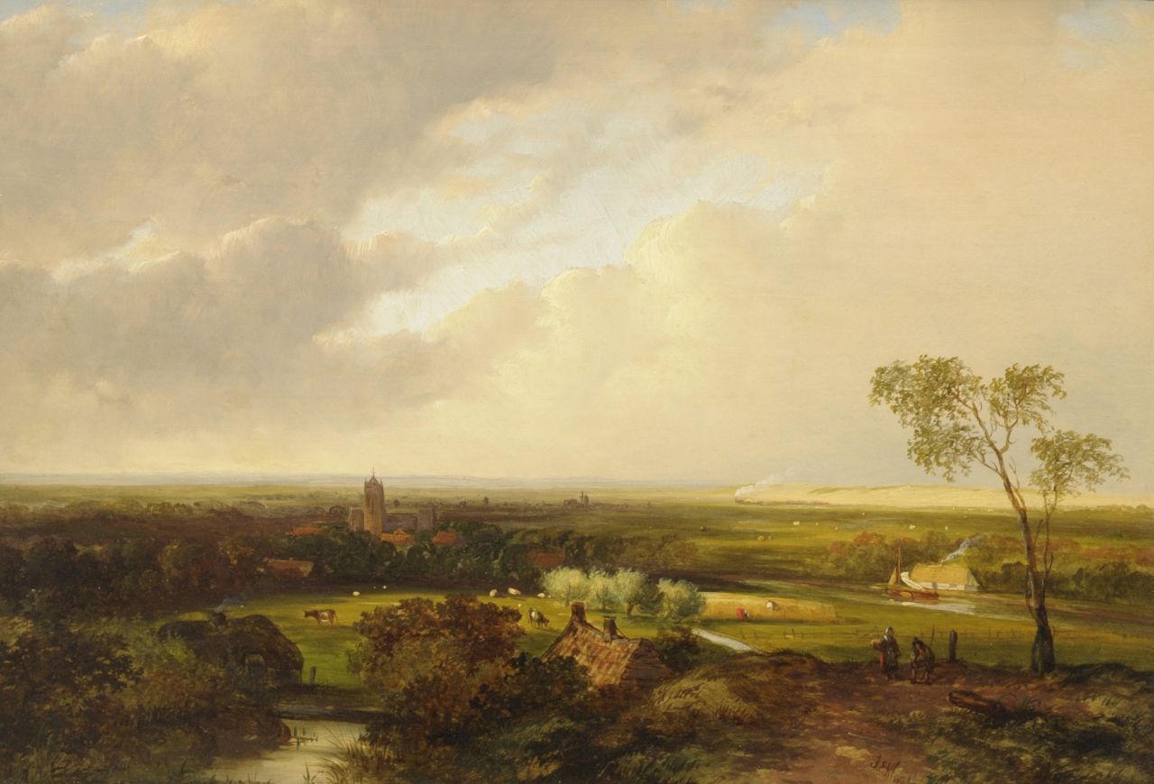 Morel II J.E.  | Jan Evert Morel II, Panoramisch zomerlandschap met een stoomtrein, olieverf op paneel 24,8 x 35,8 cm, gesigneerd rechtsonder