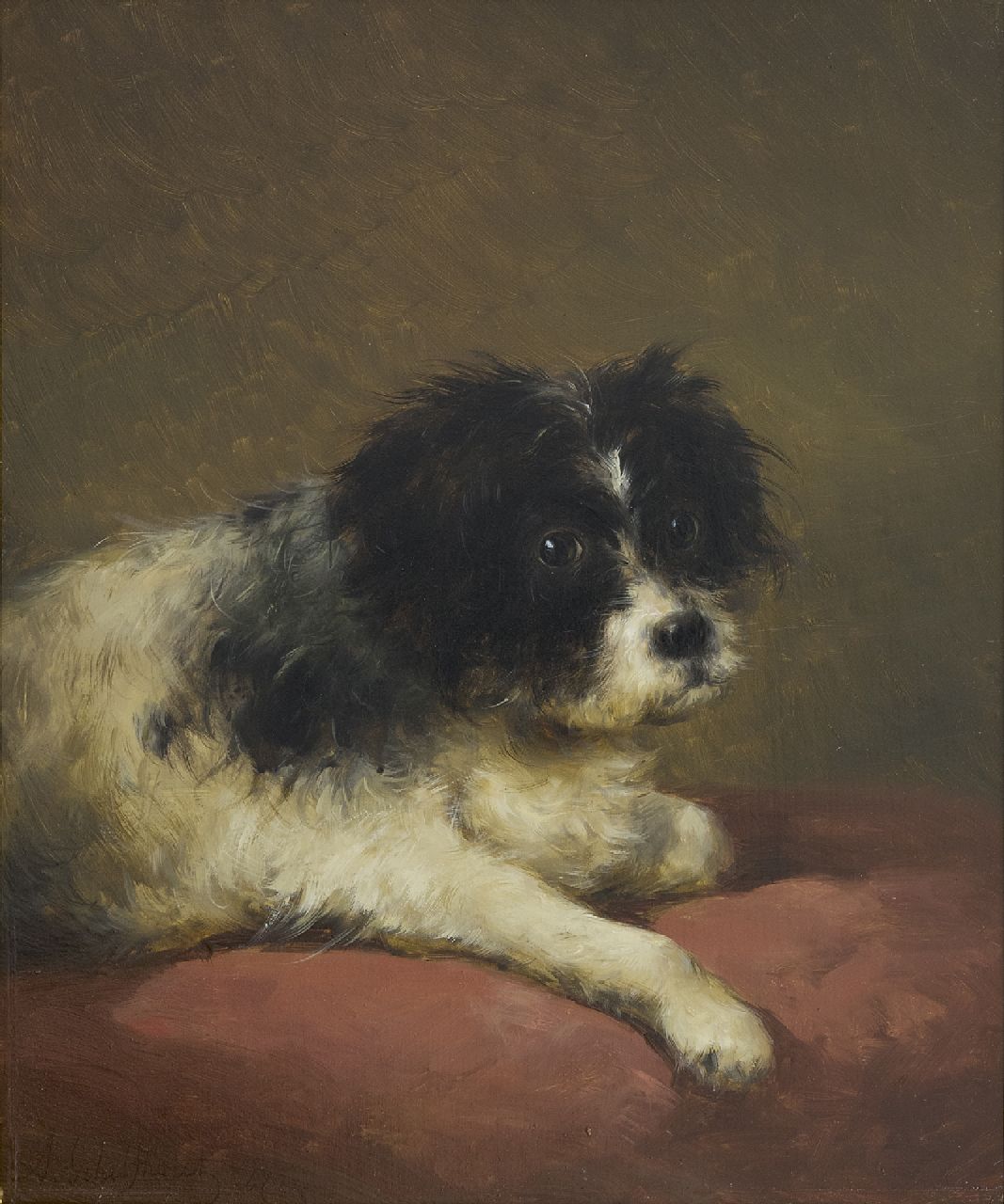 Schelfhout A.  | Andreas Schelfhout, Portret van een hondje liggend op een rood kussen, olieverf op paneel 32,1 x 27,3 cm, gesigneerd linksonder en gedateerd '47