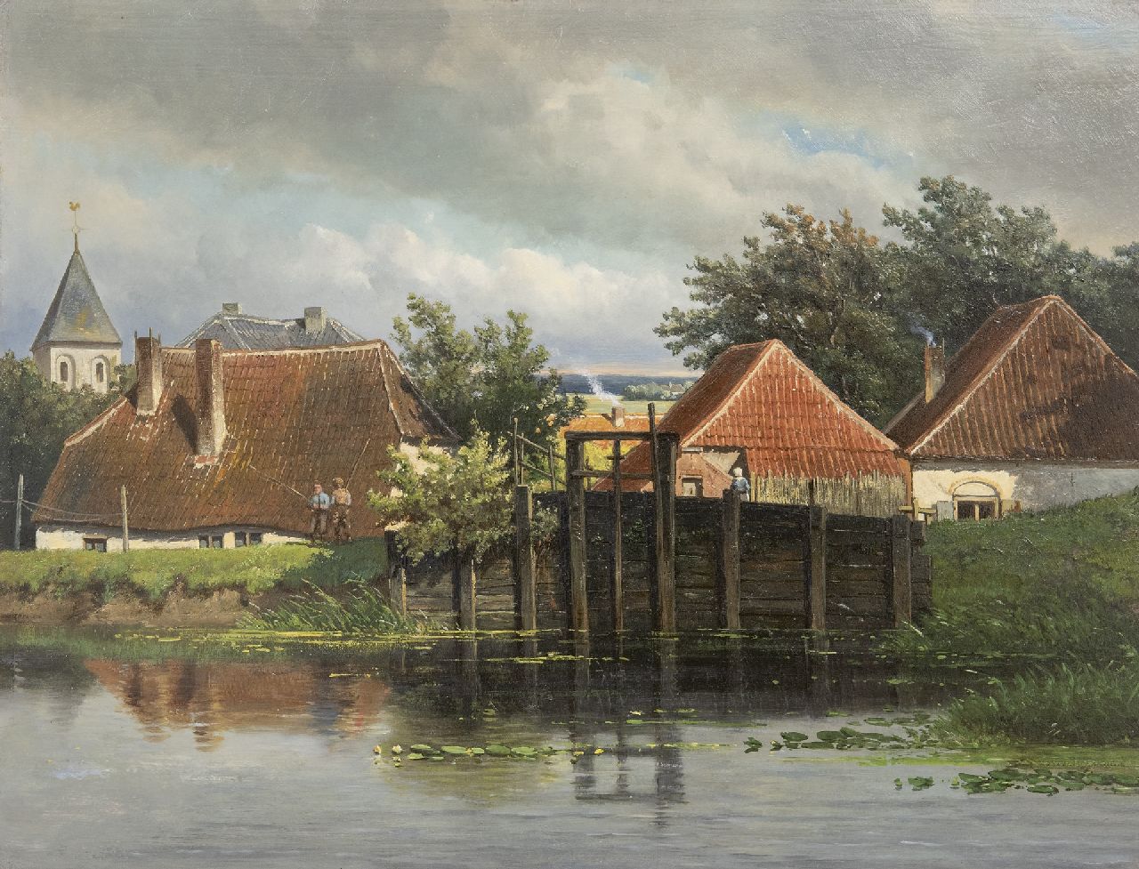 Weissenbruch J. | Johannes 'Jan' Weissenbruch, Gezicht op een dorpje met sluis en twee vissertjes, olieverf op paneel 35,4 x 46,7 cm Weissenbruch J. | Johannes 'Jan' Weissenbruch, Gezicht op een dorpje met sluis en twee vissertjes, olieverf op paneel 35,4 x 46,7 cm
