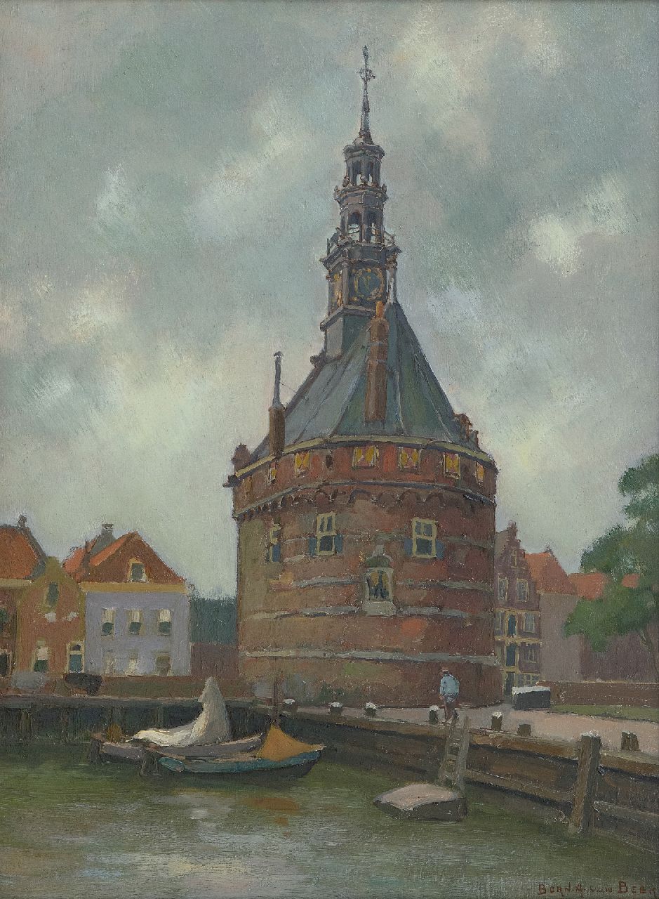 Beek B.A. van | Bernardus Antonie van Beek | Schilderijen te koop aangeboden | Afgemeerde bootjes bij de Hoofdtoren in Hoorn, olieverf op board 41,0 x 30,0 cm, gesigneerd rechtsonder